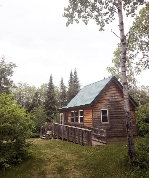 Una pequeña cabaña con tejado verde rodeada de árboles.