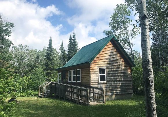 Una pequeña cabaña con tejado verde rodeada de árboles.