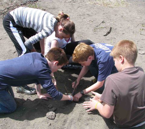 A group of children dig to uncover fossils in Morden, at the Canadian Fossil Discovery Centre.