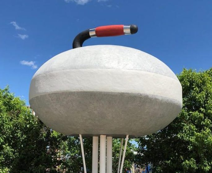Roadside attraction in Arborg, Manitoba: World's largest curling rock.