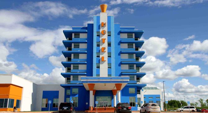 Exterior shot of the unique art deco exterior of the South Beach Casino & Resort.