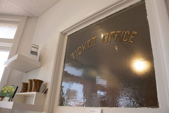 Old ticket office window at Golden Prairie Arts Council in Carman