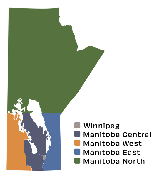 Map of Manitoba's geographic areas; Winnipeg, North, West, Central, East.