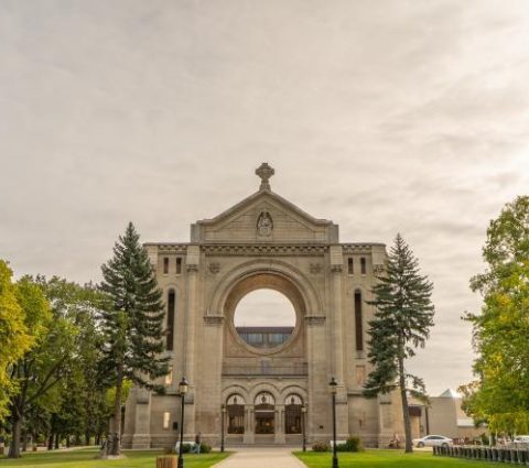 St. Boniface Cathedral surrounded by green trees.